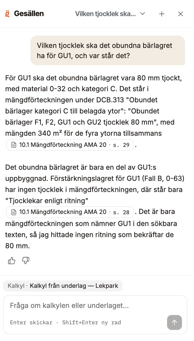 Fråga Gesällen svarar på en fråga om bärlagret med hänvisning till sidan i mängdförteckningen.