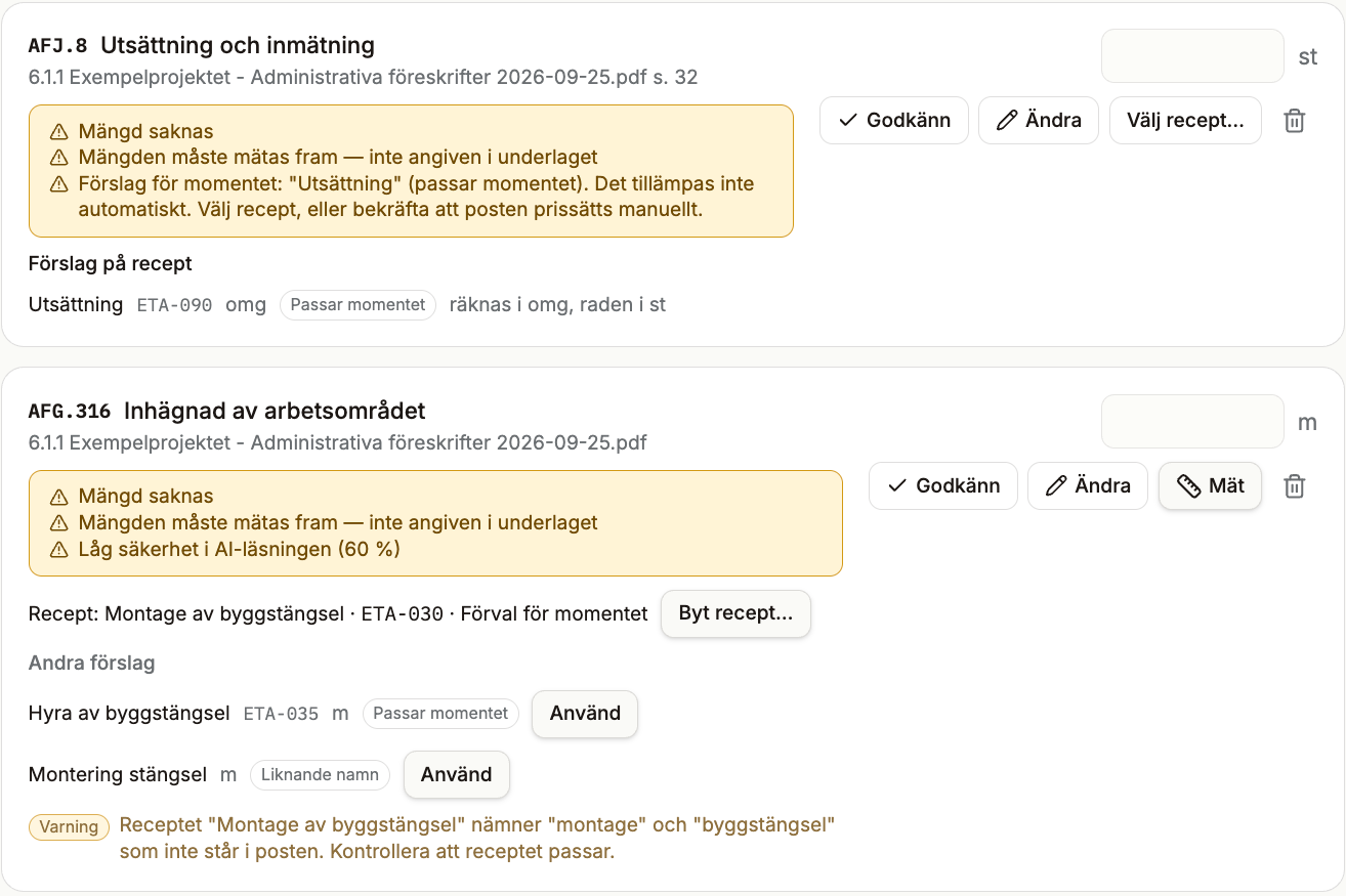 Granska: rader ur underlaget med flaggad mängd och föreslaget recept.